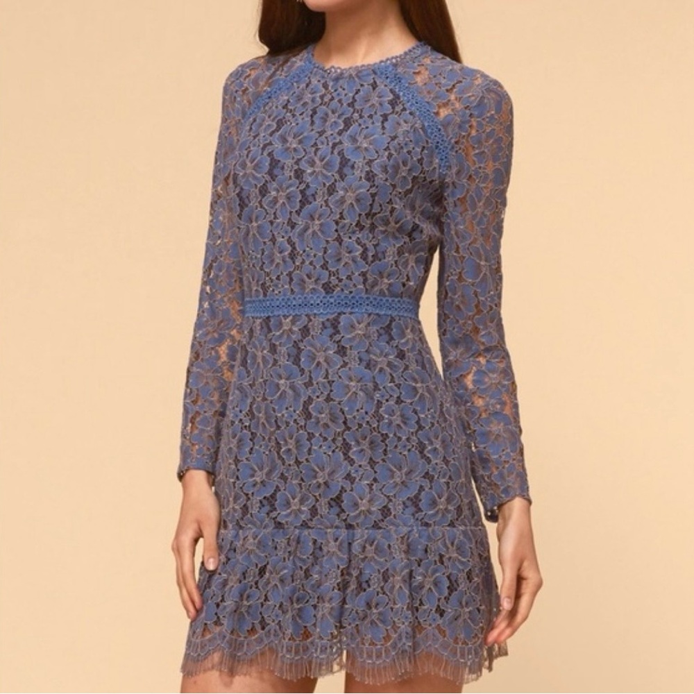 Adelyn Rae Blue Floral Lace Long-Sleeve Midi Dress